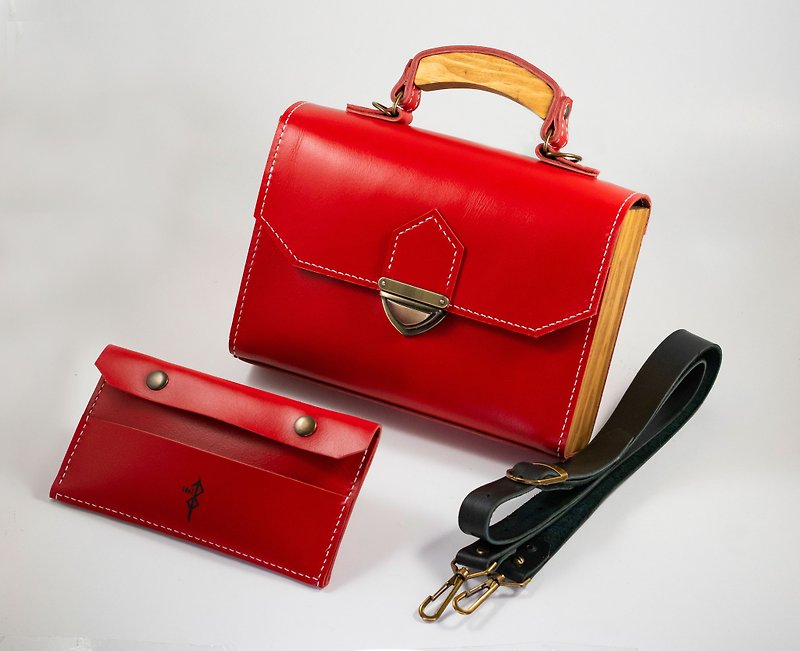 red leather bag, bag with wood sides, red leather shoulder bag - Handbags & Totes - Genuine Leather Red