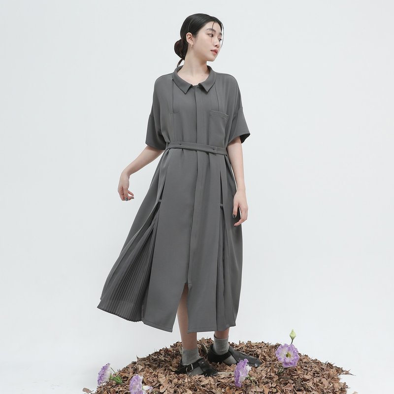 [Classic original] Qingyue_Qingyue style pleated dress_CLD023_grey blue - One Piece Dresses - Polyester Blue