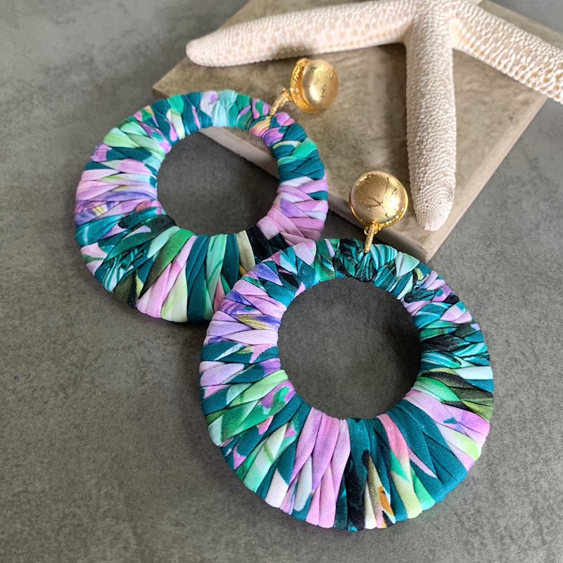Handmade Hoop earrings big size Green purple gold - Earrings & Clip-ons - Polyester Green