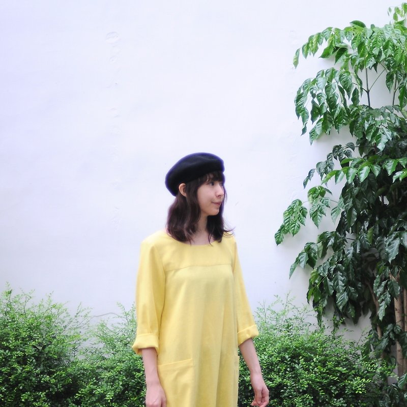 棉麻料 萊姆黃 寬寬鬆大口袋長洋裝-八分袖 - 洋裝/連身裙 - 棉．麻 黃色