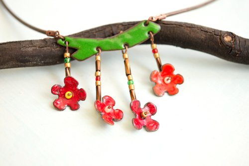 Miska Japanese Quince Flower, Enamel Necklace, Flower, Blossom Jewelry, Quince Blossom