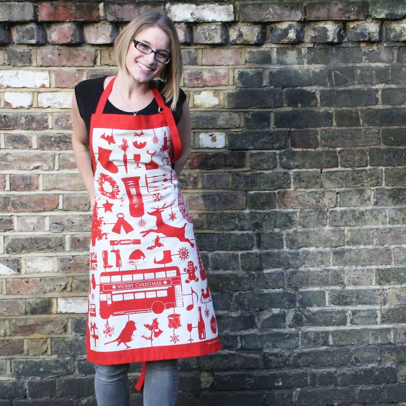 英國蛋 純棉圍裙 模型耶誕節 (紅色) - 圍裙 - 棉．麻 紅色