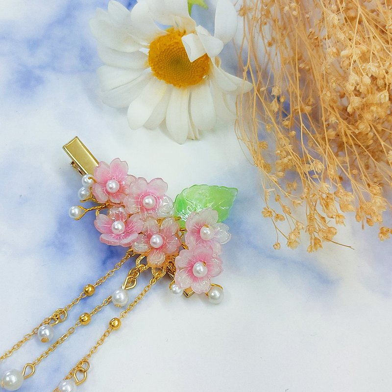 Good temperament pink cherry blossom metal one-line pendant hairpin cherry blossom heat shrinkable hairpin custom accessories - เครื่องประดับผม - โลหะ สึชมพู