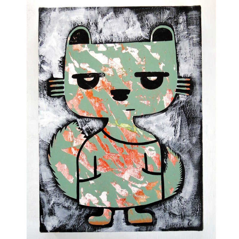 猫のグラフィティアート 原画 絵画 キャンバス画 動物の絵 モンスター アクリル画 - 海報/掛畫/掛布 - 顏料 綠色