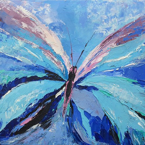 marina-fisher-art Blue Butterfly Painting Beautiful Insect Moth Wings Original Art Tropical Mole