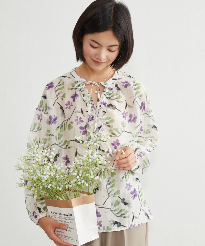 麻混アートな花柄プリントリボンフリルVネック長袖ブラウス - 女襯衫 - 棉．麻 