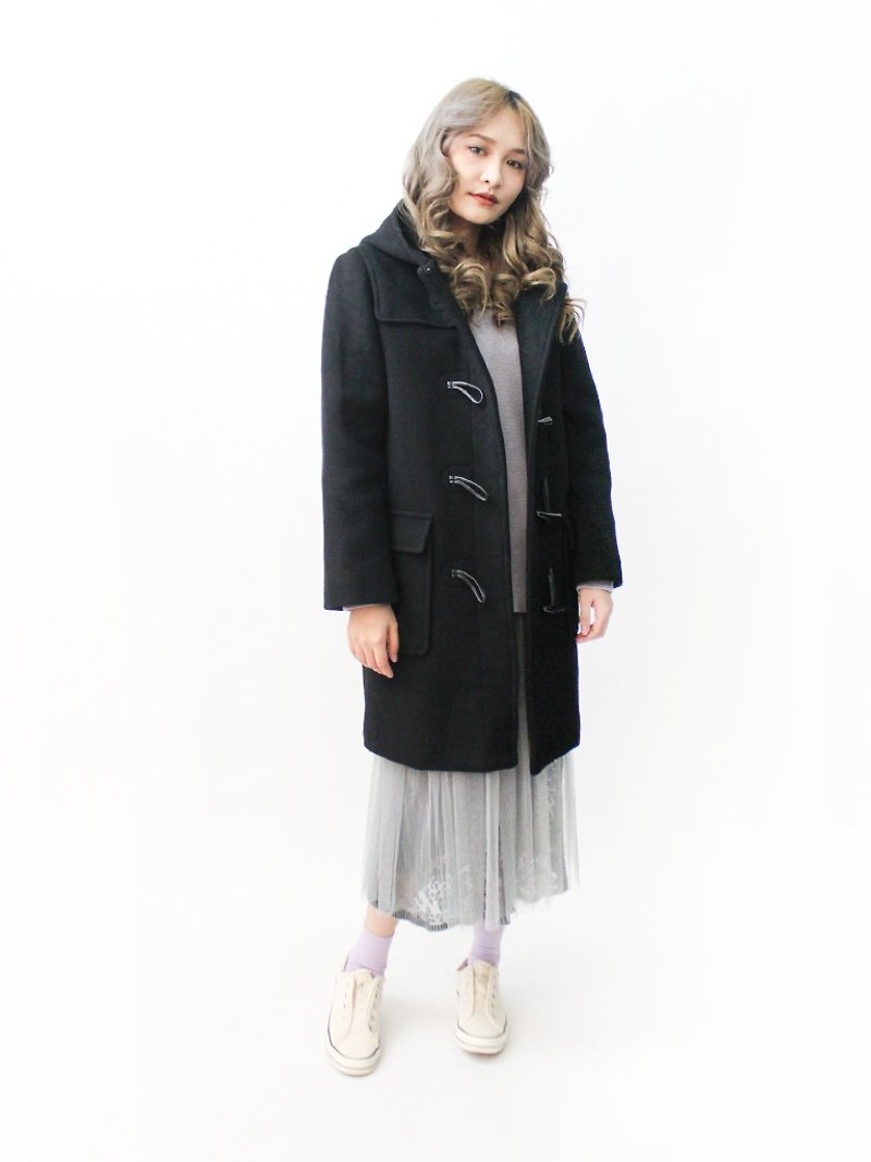 【RE1115C444】 Autumn and winter college style grain pattern in the wool hooded black hooded coat vintage coat - เสื้อแจ็คเก็ต - ขนแกะ สีดำ
