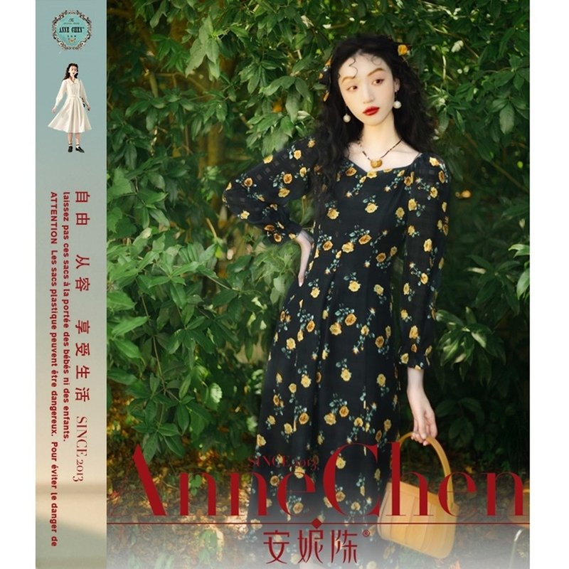 黑底黃玫瑰連衣裙 - 洋裝/連身裙 - 其他材質 黑色