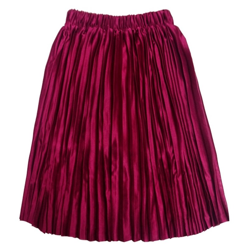 Cutie Bella shiny satin pleated elastic midi skirt Ruby Red Gemstone red - กระโปรง - เส้นใยสังเคราะห์ 