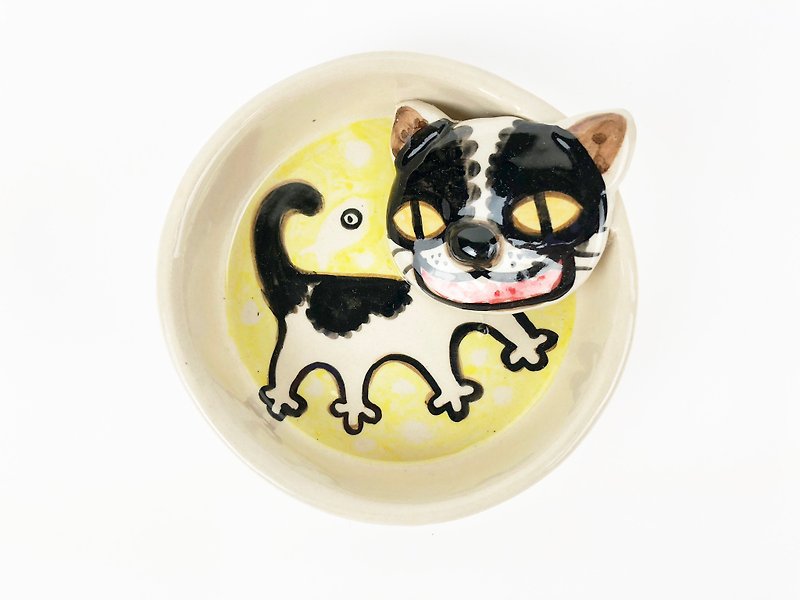 Nice Little Clay handmade stereo disc walking flower cat 0308-15 - Small Plates & Saucers - Pottery Yellow