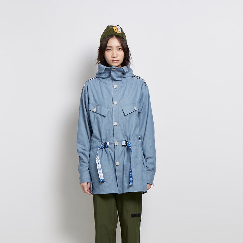 Take it easy-stand-up collar hooded thin coat-light blue - เสื้อแจ็คเก็ต - ผ้าฝ้าย/ผ้าลินิน สีน้ำเงิน