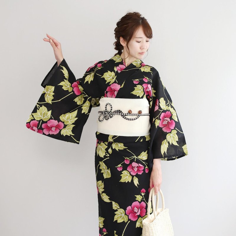 日本 和服 日本染色 梭織 女性 浴衣 腰封 2件組 F x29-b2 yukata - 其他 - 棉．麻 黑色