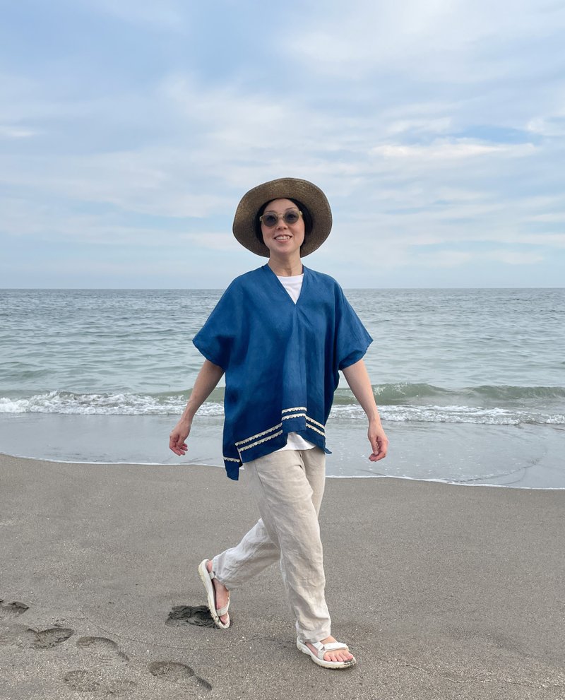 フレンチリネンの藍染ポンチョブラウス アンティークレース付 French Linen  Dress JAPANBLUE Aizome - 禮服/小禮服 - 棉．麻 藍色