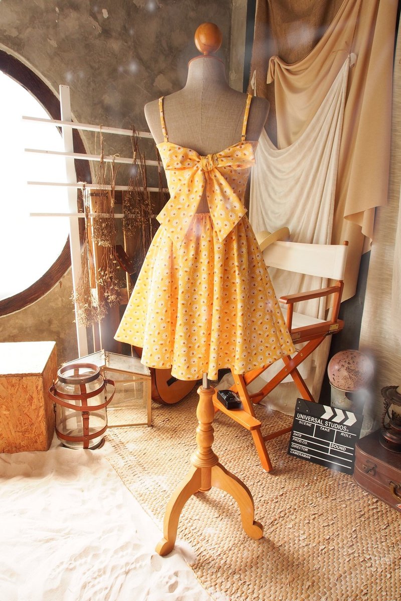 Backless dress yellow floral cotton dress back bow party dress yellow sundress - One Piece Dresses - Cotton & Hemp Yellow