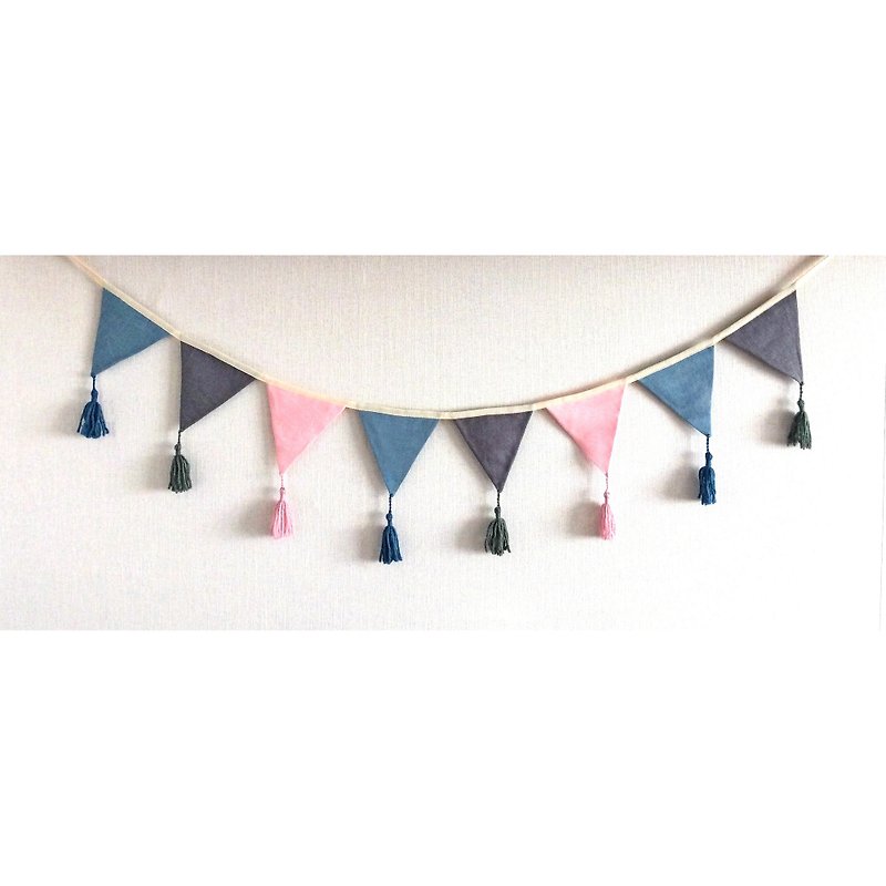 Blue Gray Pink Fabric Bunting Banner, Tassel Garland, Fabric Pennant Bunting - 牆貼/牆身裝飾 - 亞麻 粉紅色
