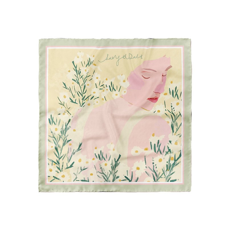 【質感禮物】::100%silk真絲絲巾::— 雛菊女孩印花方巾 生日情人 - 絲巾 - 絲．絹 綠色