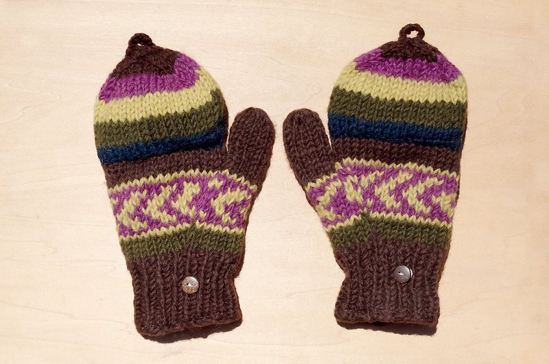聖誕禮物 創意禮物 限量一件手織純羊毛針織手套 / 可拆卸手套 / 保暖手套(made in nepal) - 北歐費爾島民族圖騰 抹茶咖啡 - 手套/手襪 - 羊毛 多色