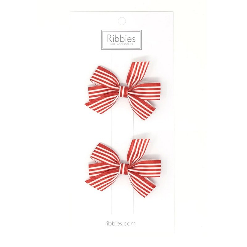 英國Ribbies 條紋中蝴蝶結2入組-鐵鏽紅 - 髮夾/髮圈 - 聚酯纖維 