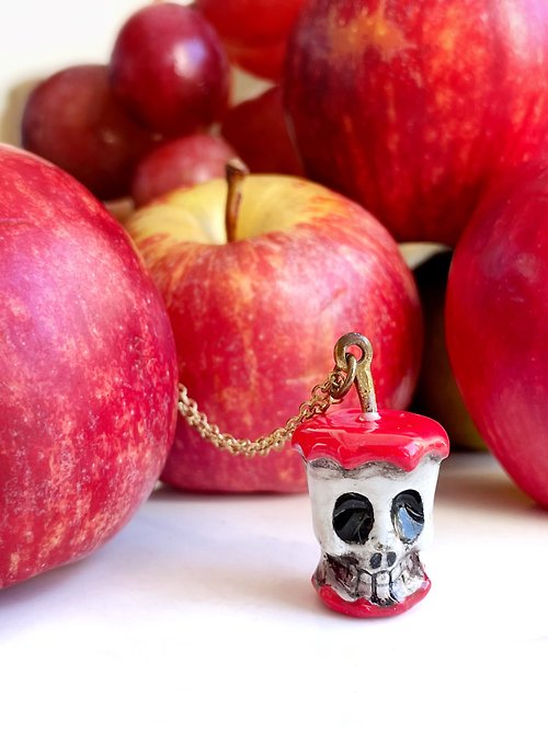 MAFIA JEWELRY Red Apple Skull Hand Painted Enamel Necklace.