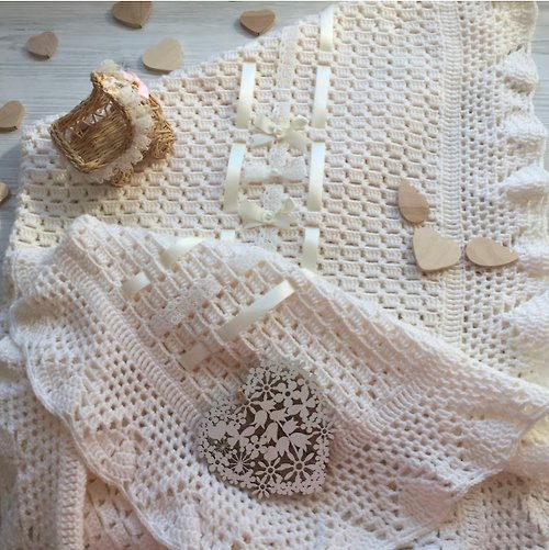 V.I.Angel Ivory hand knit blanket for baby. Baptism blanket. Take home blanket.