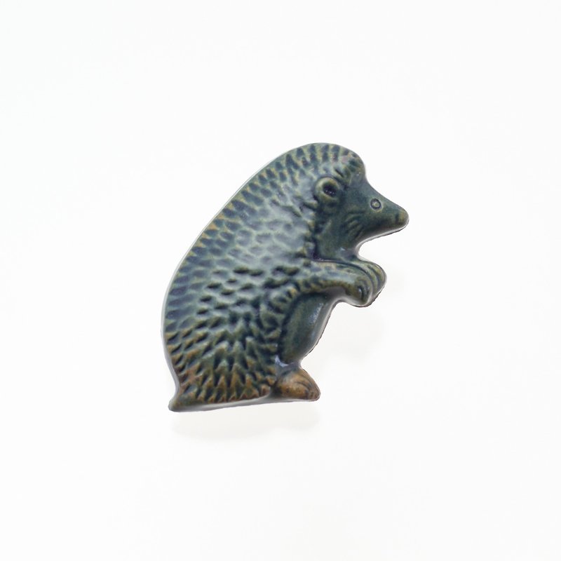 ceramics brooch hedgehog antique blue - เข็มกลัด - ดินเผา สีเขียว