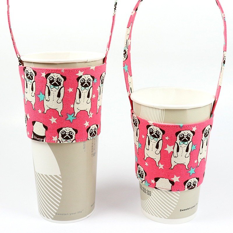 パグ（ピンク） - 飲料カップカップは、環境保護袋のセットを設定し、 - ドリンクホルダー - コットン・麻 ピンク