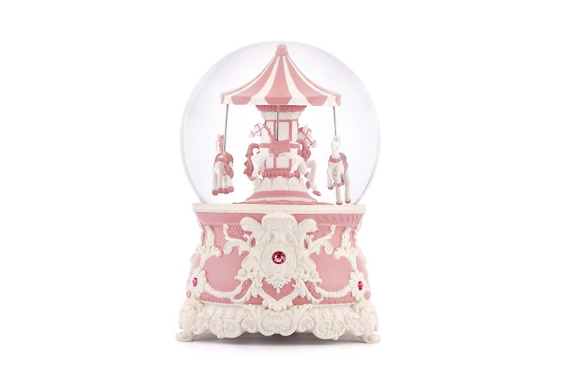 Rouge Pink Rococo Carousel (Classic) Crystal Ball Music Box Birthday Valentine Christmas Wedding - ของวางตกแต่ง - แก้ว 