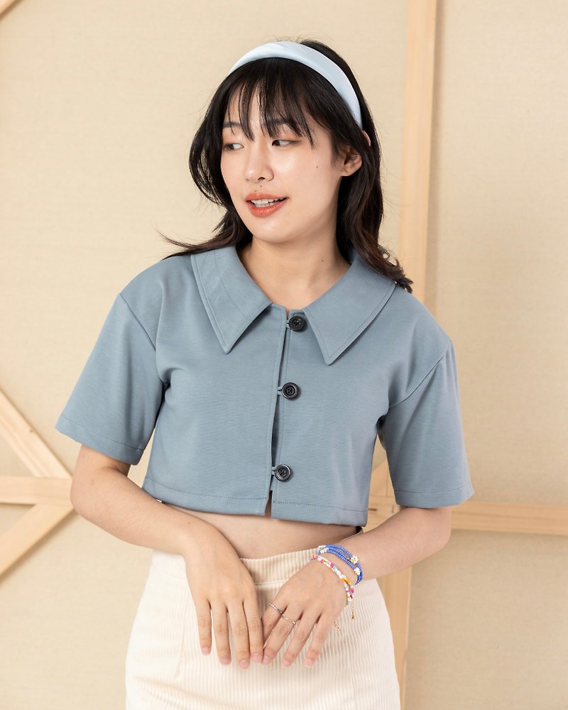 BLUE CROPPED SHIRT - Women's Tops - Polyester Blue