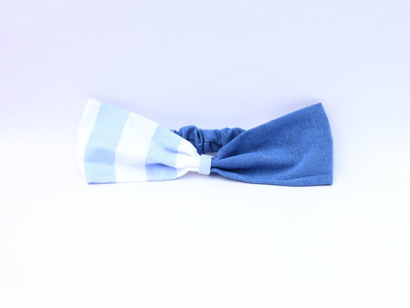 【The MAMA's Closet】Denim with Checked Headband (Light blue striped) - Hair Accessories - Cotton & Hemp Multicolor