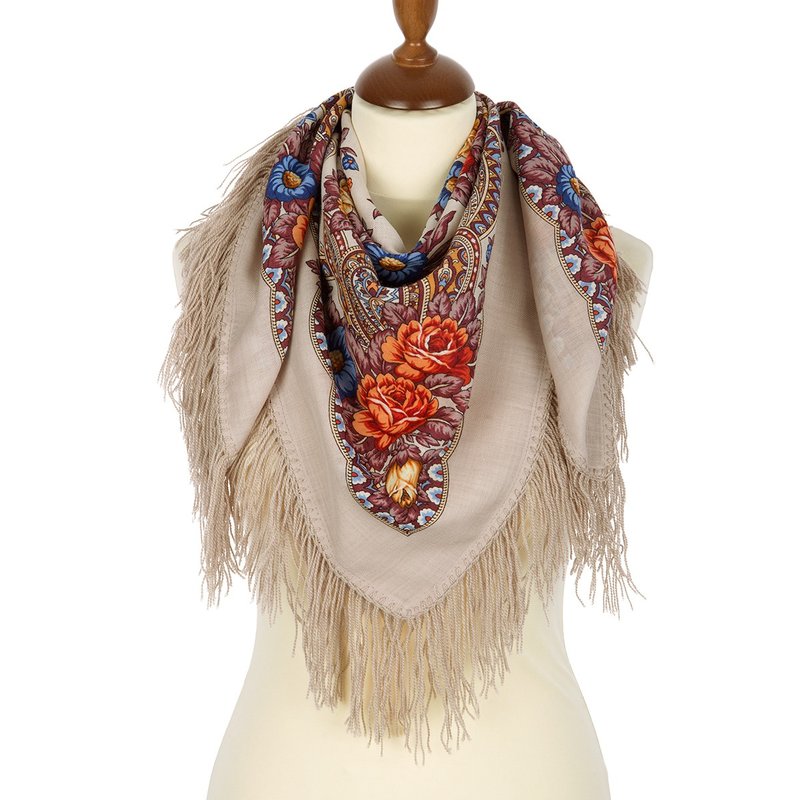 Authentic Pavlovo Posad Russian Shawl Scarf Soft 100% Wool 89x89 cm 1696-2 - 絲巾 - 羊毛 卡其色