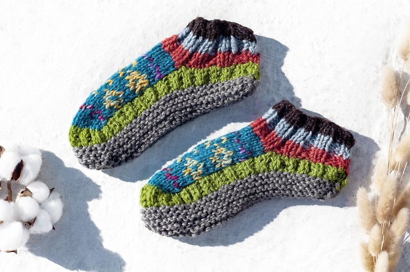 Hand-knitted pure wool knit socks/inner bristled striped socks/wool crocheted stockings/warm wool socks - ถุงเท้า - ขนแกะ หลากหลายสี