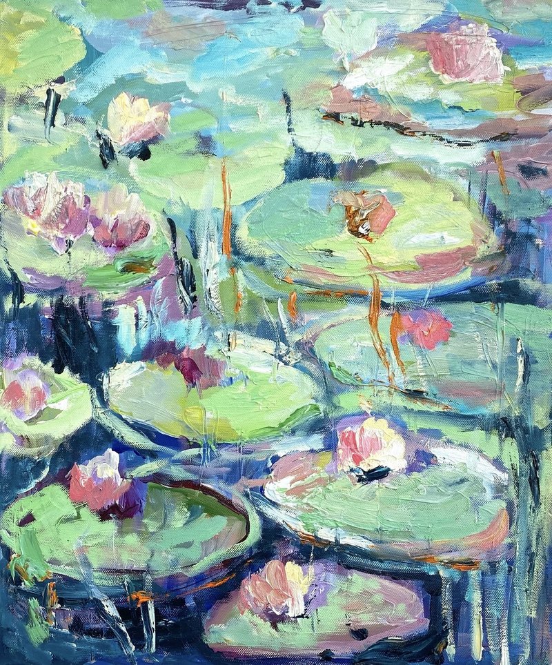 Water lilies 原創油畫睡蓮 Oil on canvas Abstract Impressionism Japanese style Koi fish - 壁貼/牆壁裝飾 - 其他材質 藍色