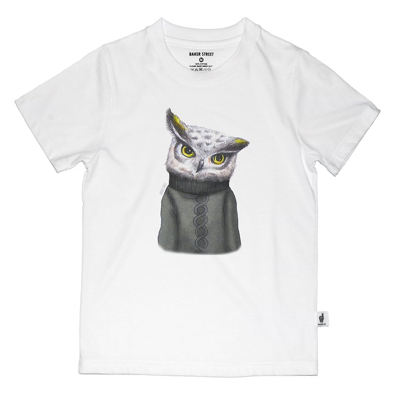 British Fashion Brand -Baker Street- Owl Printed T-shirt for Kids - เสื้อยืด - ผ้าฝ้าย/ผ้าลินิน ขาว