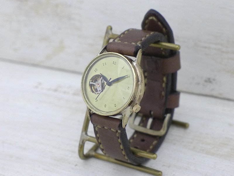 手作り腕時計 BAM063 33mm Brass 真鍮 自動巻きオープンハート 刻印文字盤 手縫いベルト - 女錶 - 銅/黃銅 金色