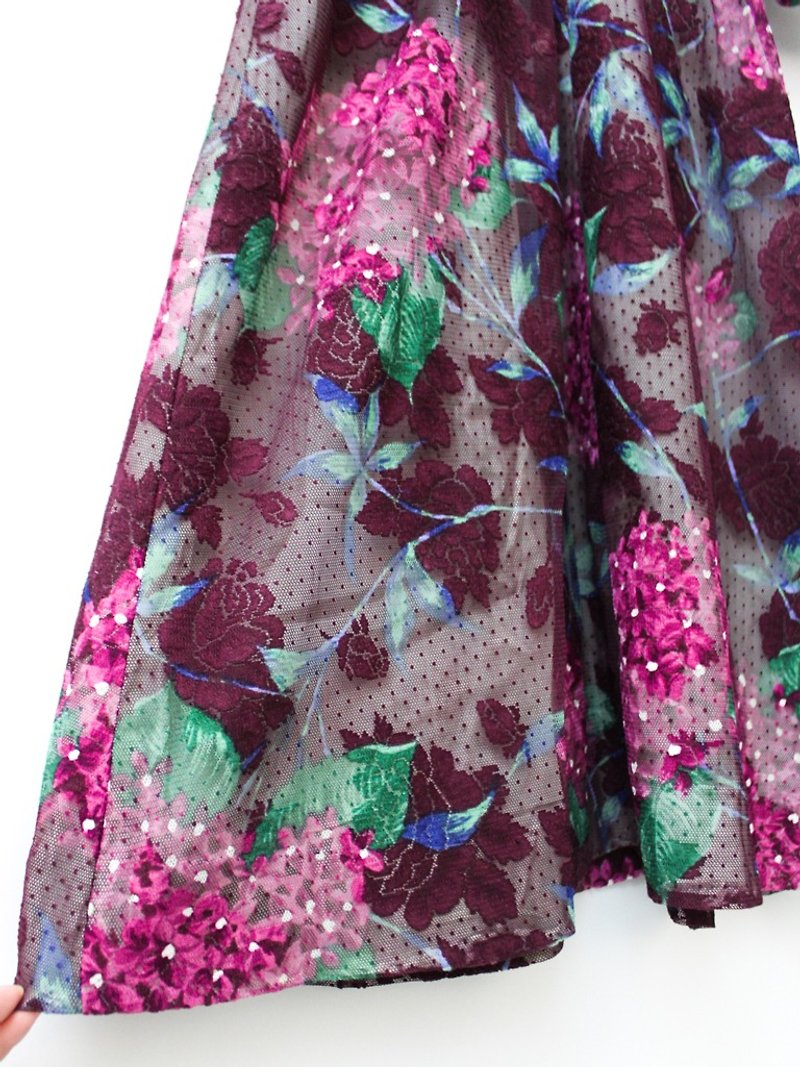 【RE1116D965】日系復古紫紅色蕾絲印花鏤空五分袖古著洋裝 - 洋裝/連身裙 - 聚酯纖維 紫色