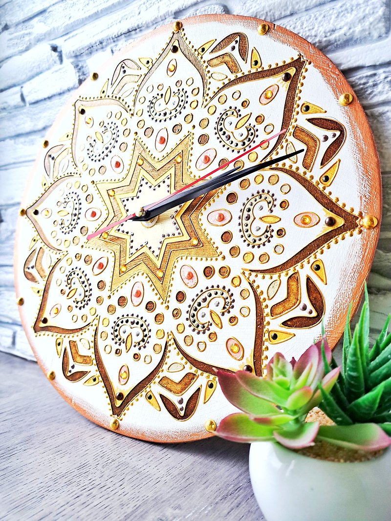 Handmade silent wall clock on plywood with mandala D=30 cm white golden decor - Wall Décor - Wood White