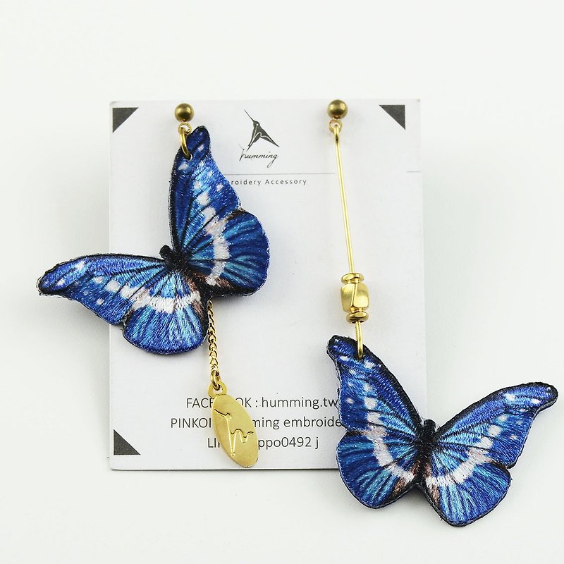 humming--Morpho helena /Butterfly/Embroidery earrings - Earrings & Clip-ons - Thread Multicolor