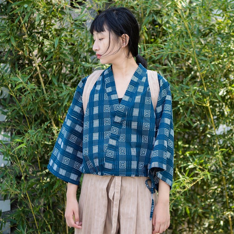 日系和風 綁帶襯衫v領上衣 - 女襯衫 - 棉．麻 藍色