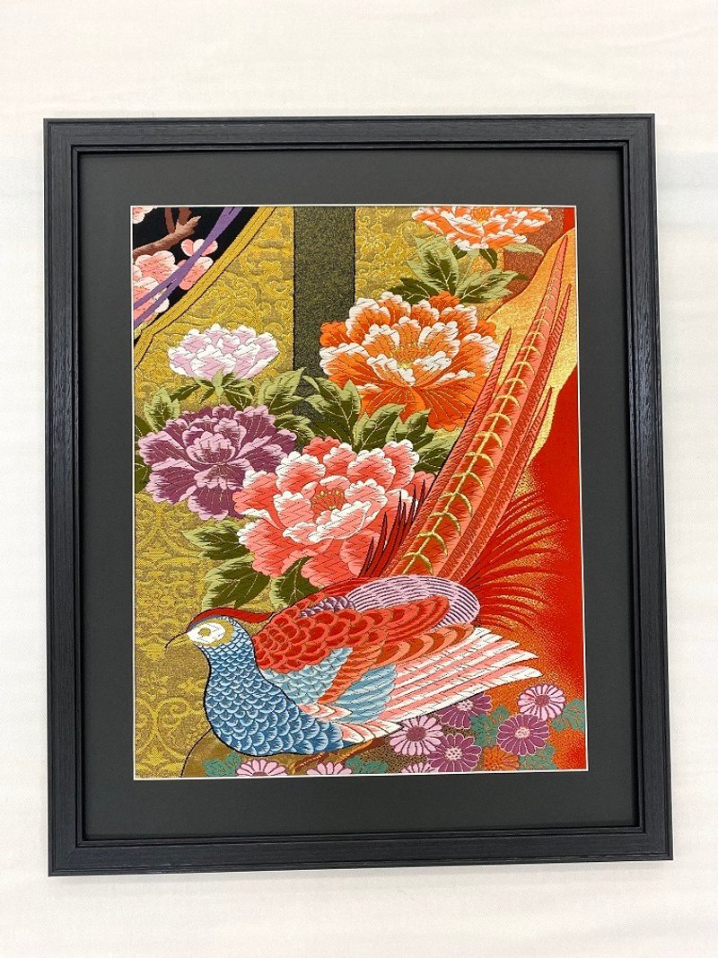 The art panel made from Japanese bride Kimono　Auspicious pattern Pheasant　106 - Wall Décor - Silk Red