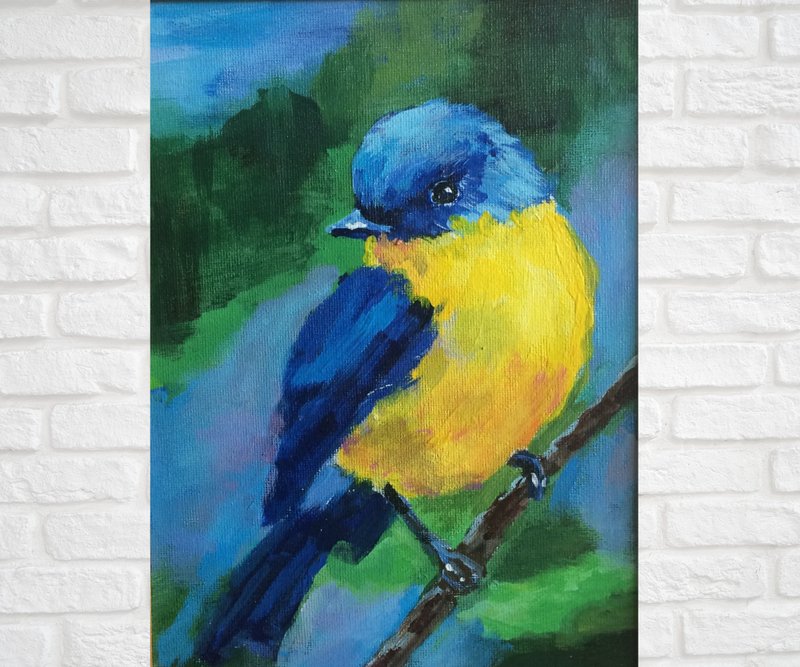 Blue bird painting, Chickadee Original art, Bluebird small painting - 海報/掛畫/掛布 - 棉．麻 藍色