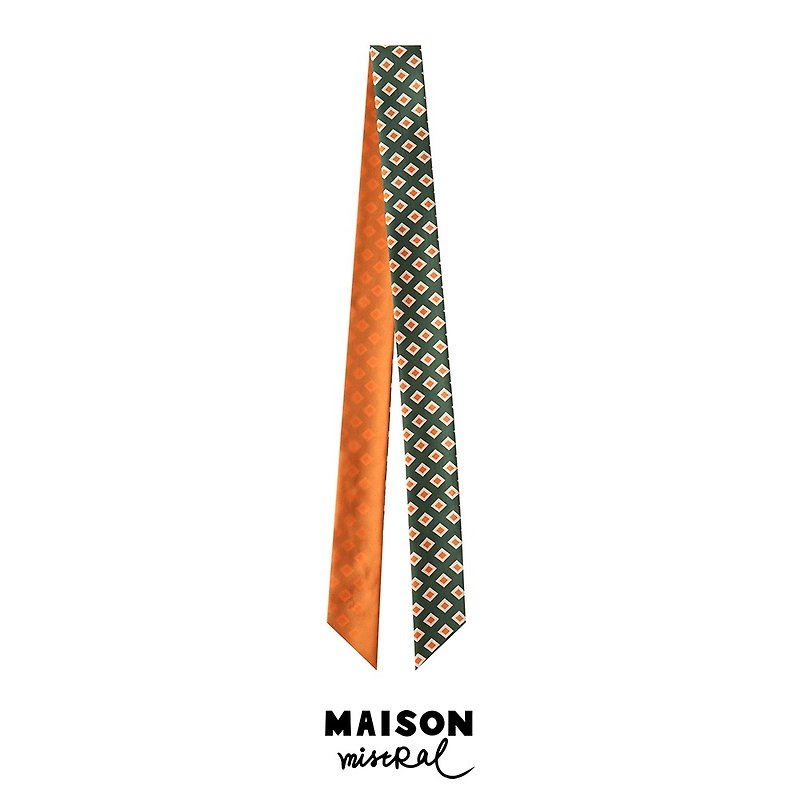 Maison Mistral artist original illustration classic series olive green silk long silk scarf tie bag - Scarves - Silk Green