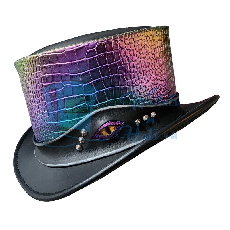Iridescent Crocodile Leather Top Hat – Gothic Steampunk Hat with Dragon Eye Band - Hats & Caps - Genuine Leather Black