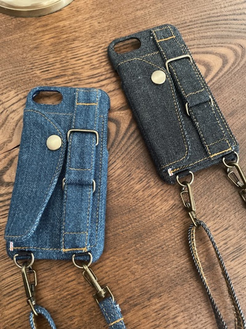 棉．麻 側背包/斜背包 - Okayama denim with belt smartphone case with strap fall prevention card pocket card holder stand