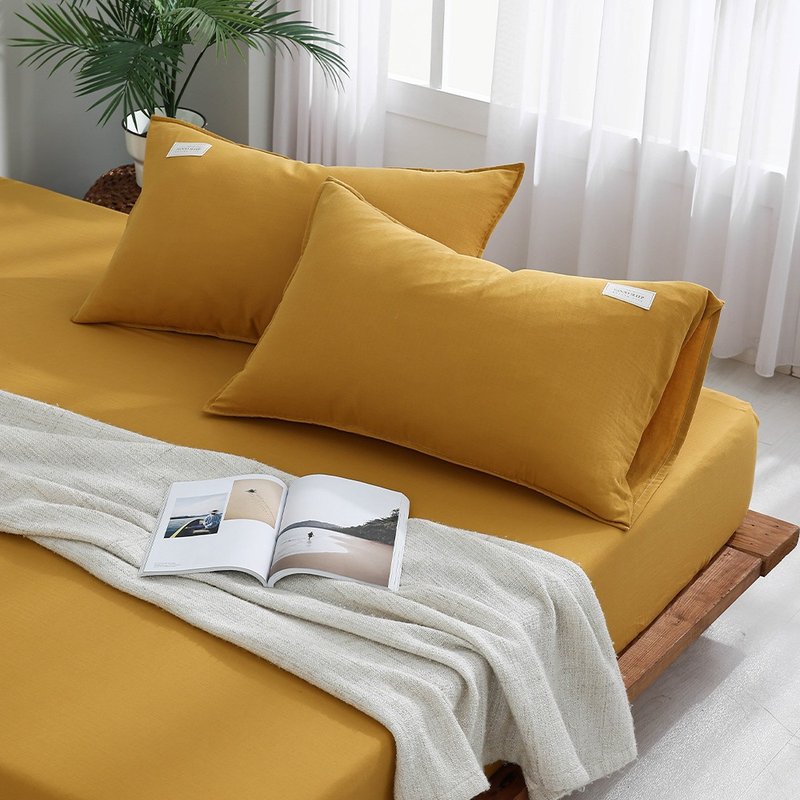 Japanese light twisted yarn three-piece pillowcase bed bag set/mulberry dyed - Bedding - Cotton & Hemp Yellow