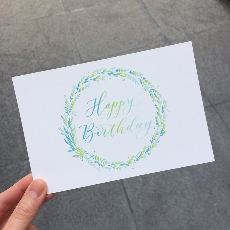 cottontail // Happy Birthday // calligraphy in wreath birthday postcard - การ์ด/โปสการ์ด - กระดาษ สีเขียว