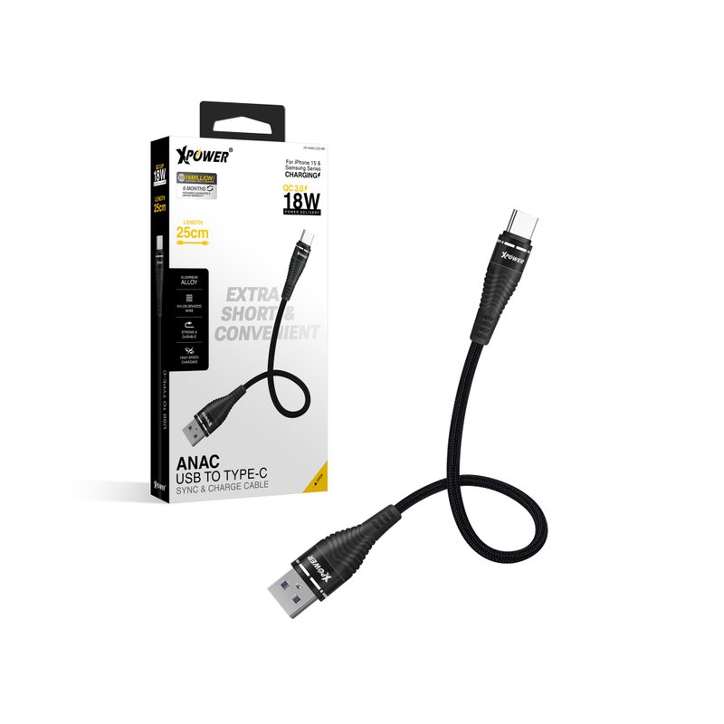 XPower ANAC 25cm鋁合金高速傳輸充電USB to Type-C線 - 行動電源/充電線 - 其他金屬 黑色
