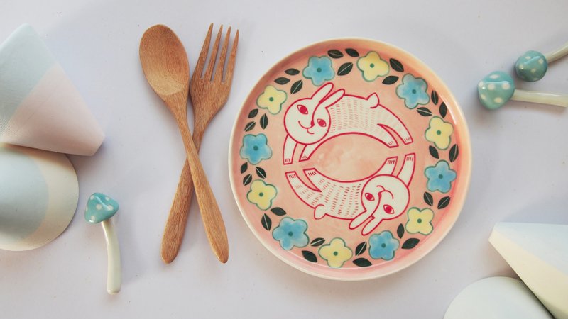 Couple Rabbit Pink (L)  l ceramics l May&Clay Ceramics Studio - 碟子/醬料碟/醬油碟 - 陶 粉紅色