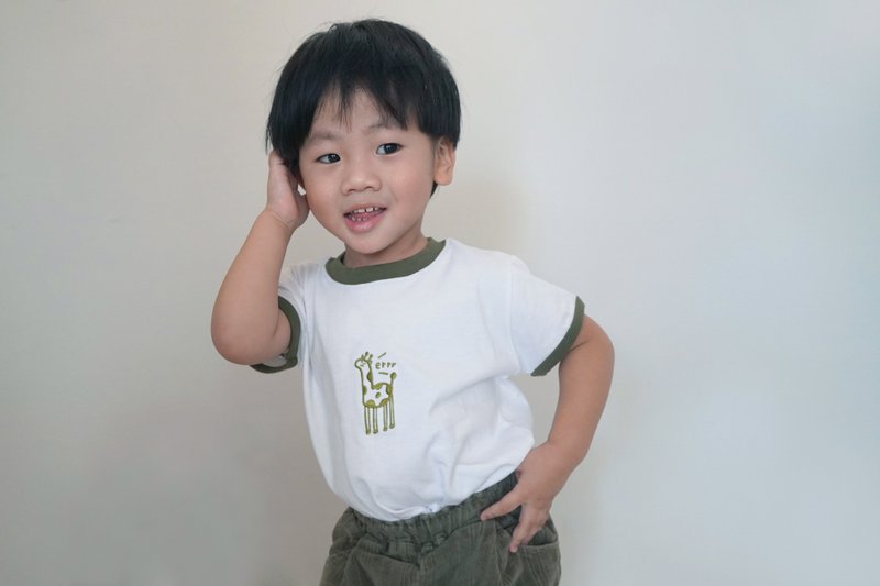 Giraffe er embroidered piping top - เสื้อยืด - ผ้าฝ้าย/ผ้าลินิน ขาว