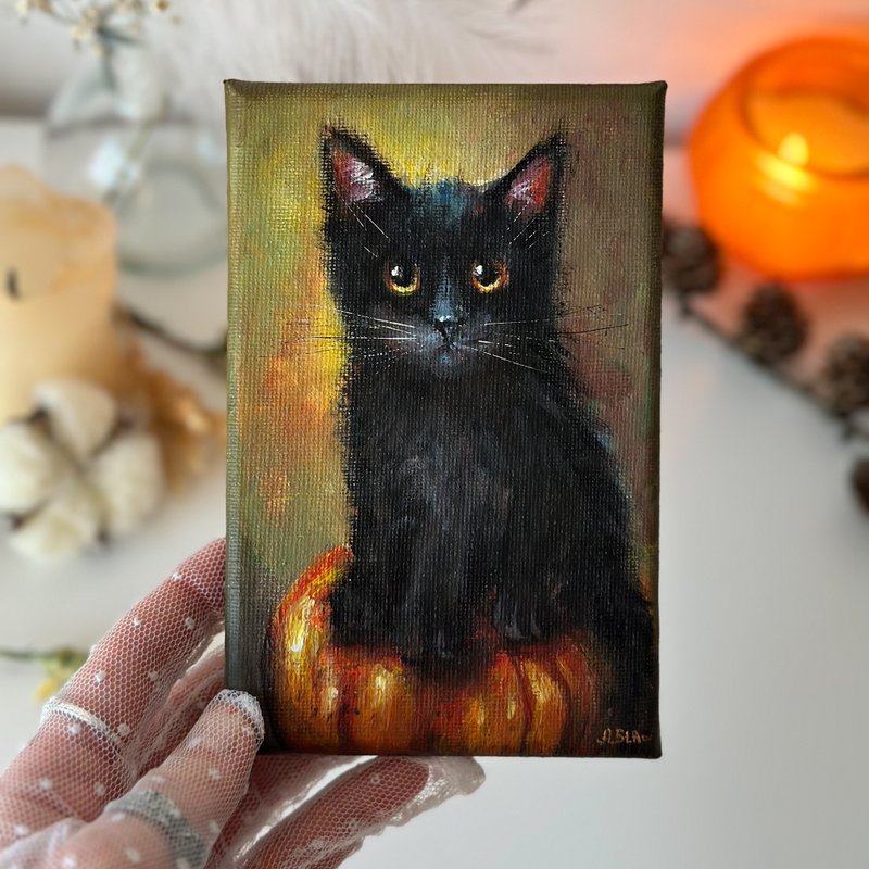 Black Cat canvas painting, Cute animal, Cat wall art, Black kitten, Cat decor - 壁貼/牆壁裝飾 - 棉．麻 多色