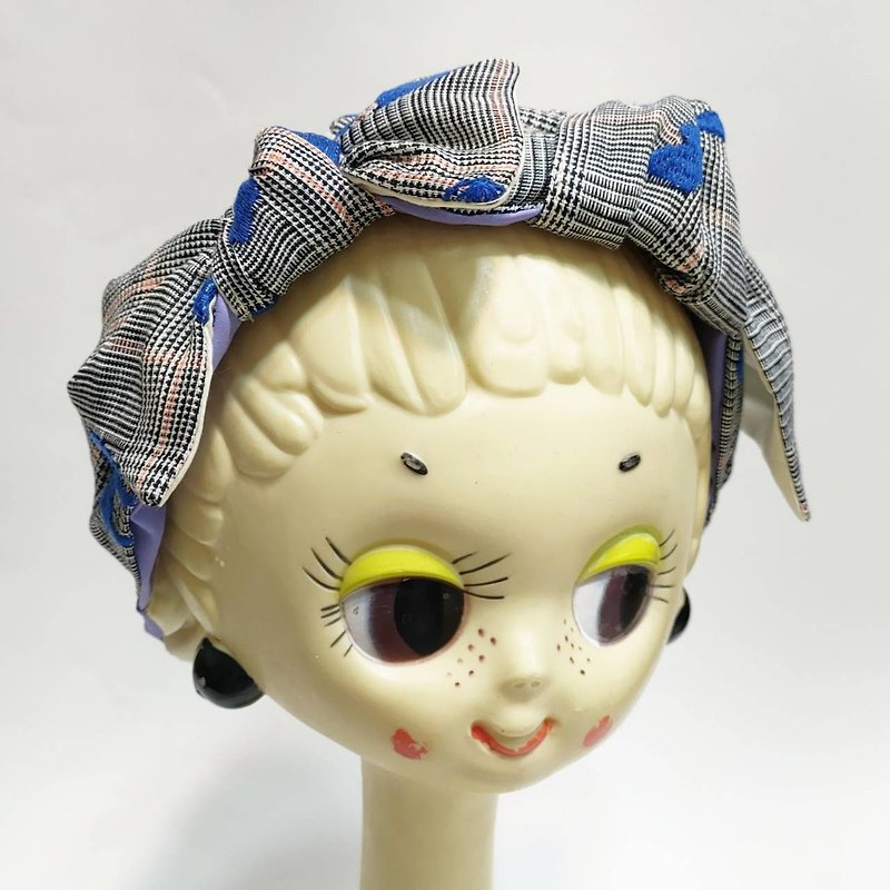 Petitbebe Plaid Mushroom Embroidered Double Layer Reversible Bow Headband - Hair Accessories - Cotton & Hemp Black